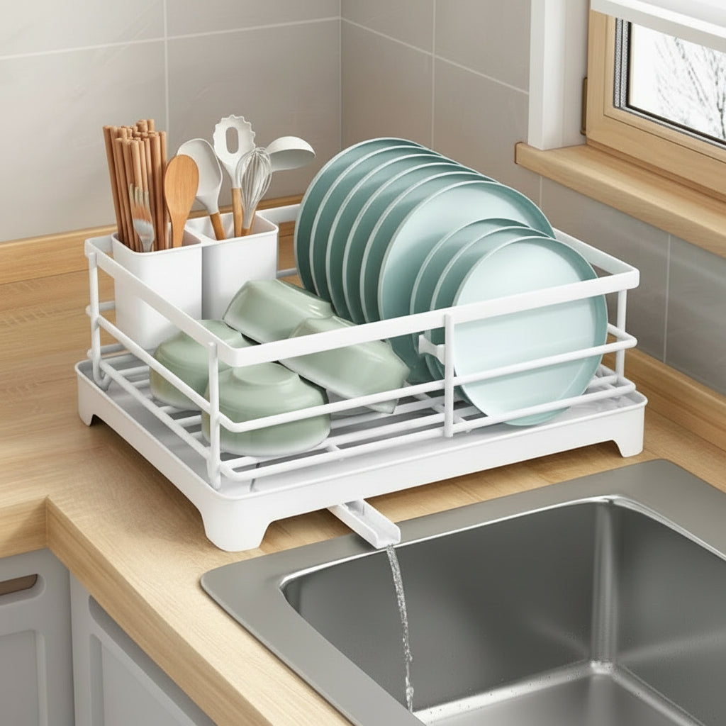 Dish Drying Rack with Drainboard Dish Storage Racks with Removable Utensil Holder and Knife Slots Dish for Kitchen Sink Drainer