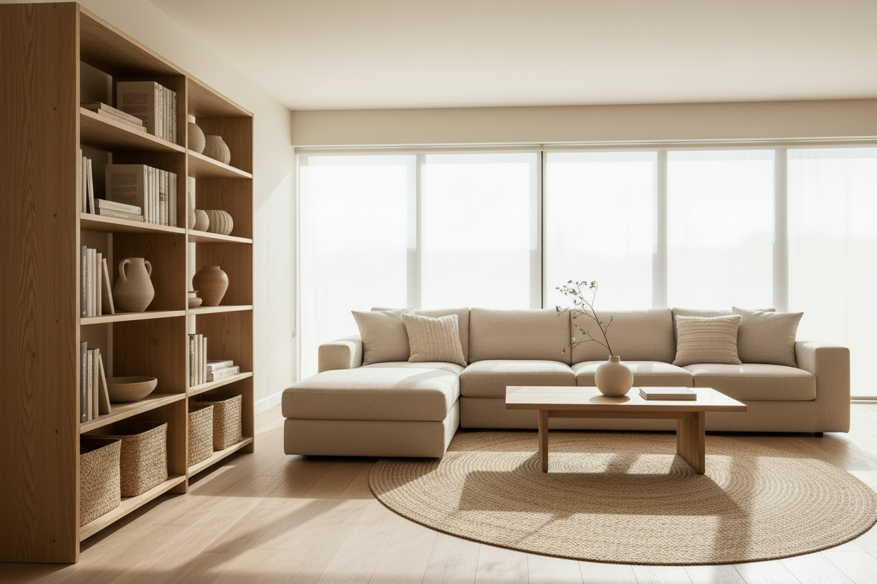 Based on this image, enhance to ultra-photorealistic quality. High-end interior architectural photography style. Add hyper-detailed tactile textures: rough fibers on the round jute rug, natural imperfections and grain on the oak wood bookshelf and flooring, slubby linen fabric texture on the sofa and pillows, handmade irregular finish on the ceramic pottery. Complex natural daylight, soft realistic shadow falloff with global illumination bounce light filling the corners. High Resolution 8k